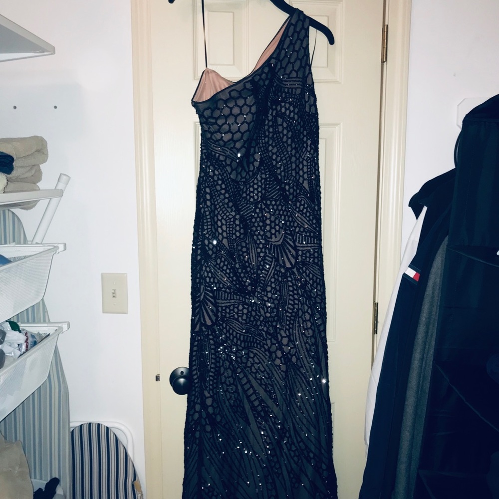 Nude with black sequin overlay one shoulder gown